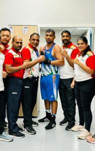 Gaurav Chauhan (92+kg) poses with the support staff after win at the Elorda Cup 2024